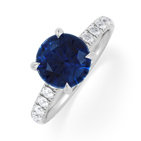 Amora Gem 2.00ct Round Cut Lab Sapphire Hidden Halo Engagement Ring with Side Stones in 18K White Gold